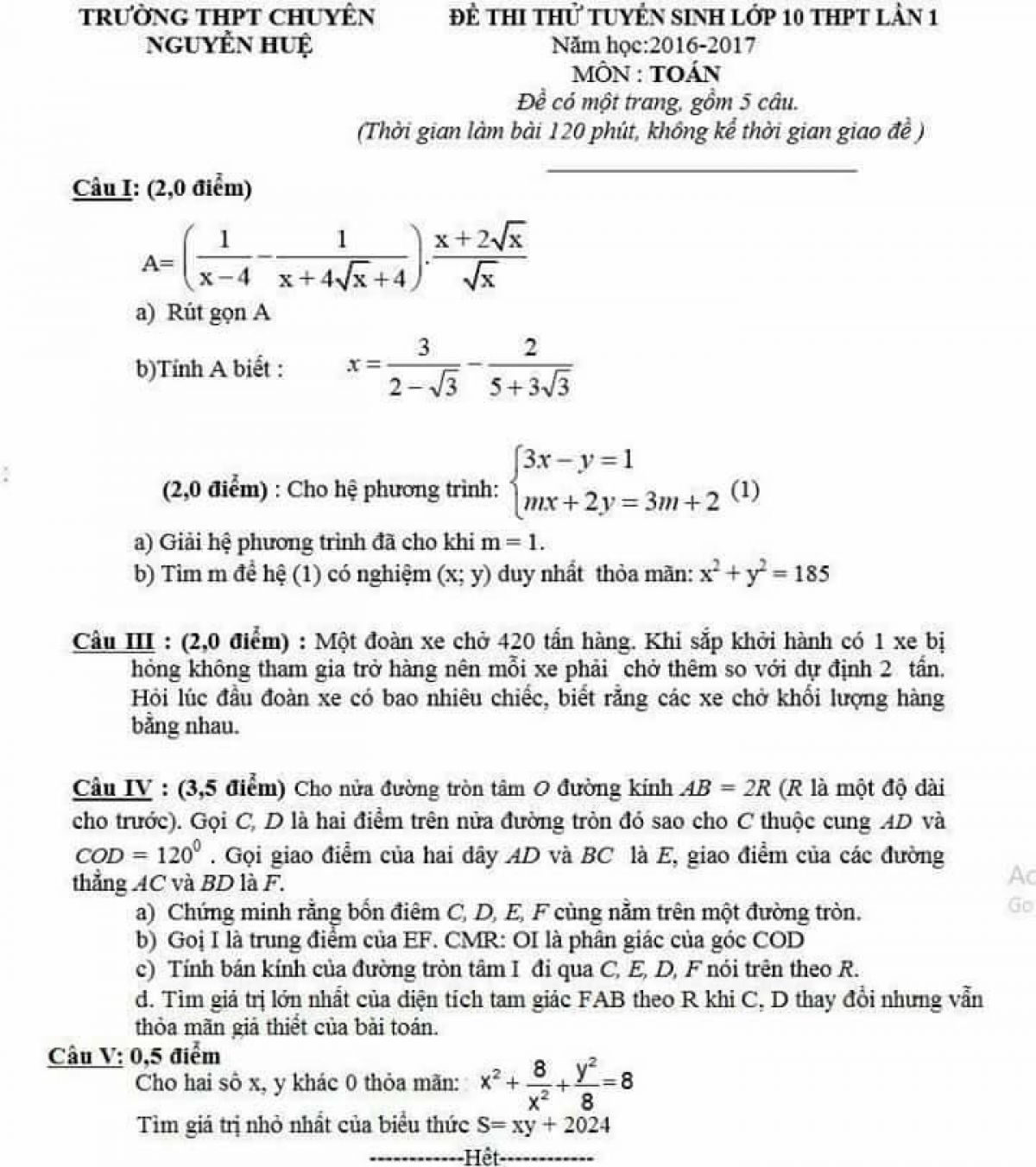 Đề thi tuyển sinh v&agrave;o lớp 10 THPT lần 1 m&ocirc;n To&aacute;n, Trường THPT CHUY&Ecirc;N Nguyễn Huệ năm 2017