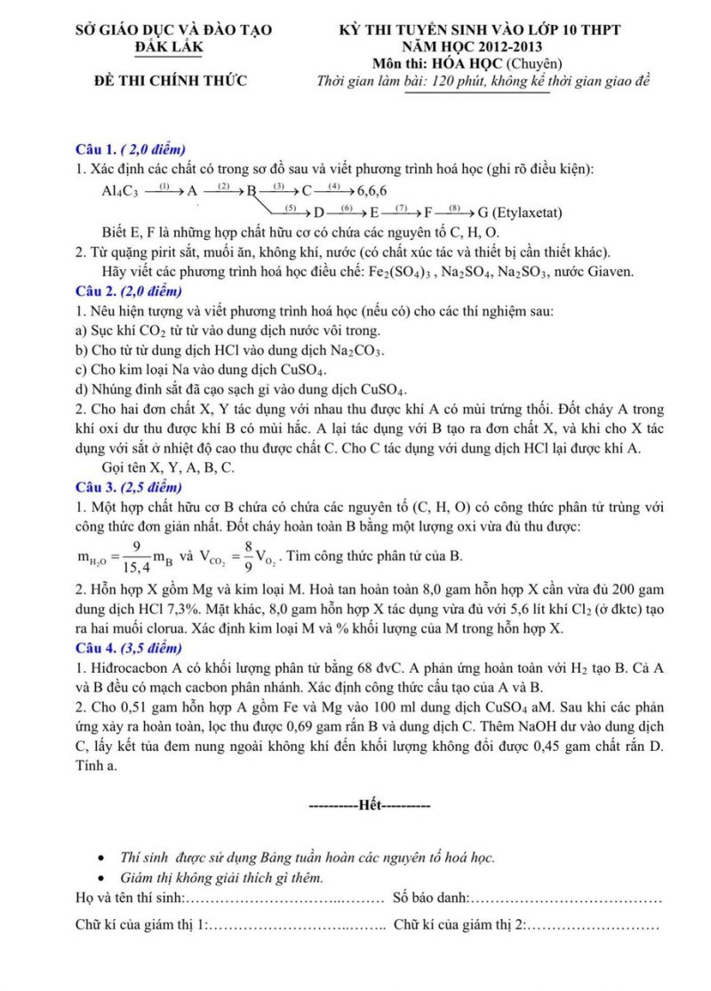 Đề thi tuyển sinh v&agrave;o lớp 10 THPT CHUY&Ecirc;N m&ocirc;n H&oacute;a Học tỉnh Đắk Lắk năm 2013