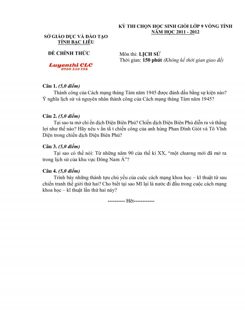 Đề thi chọn HSG lớp 9 vòng tỉnh môn Lịch Sử tỉnh Bạc Liêu năm 2011