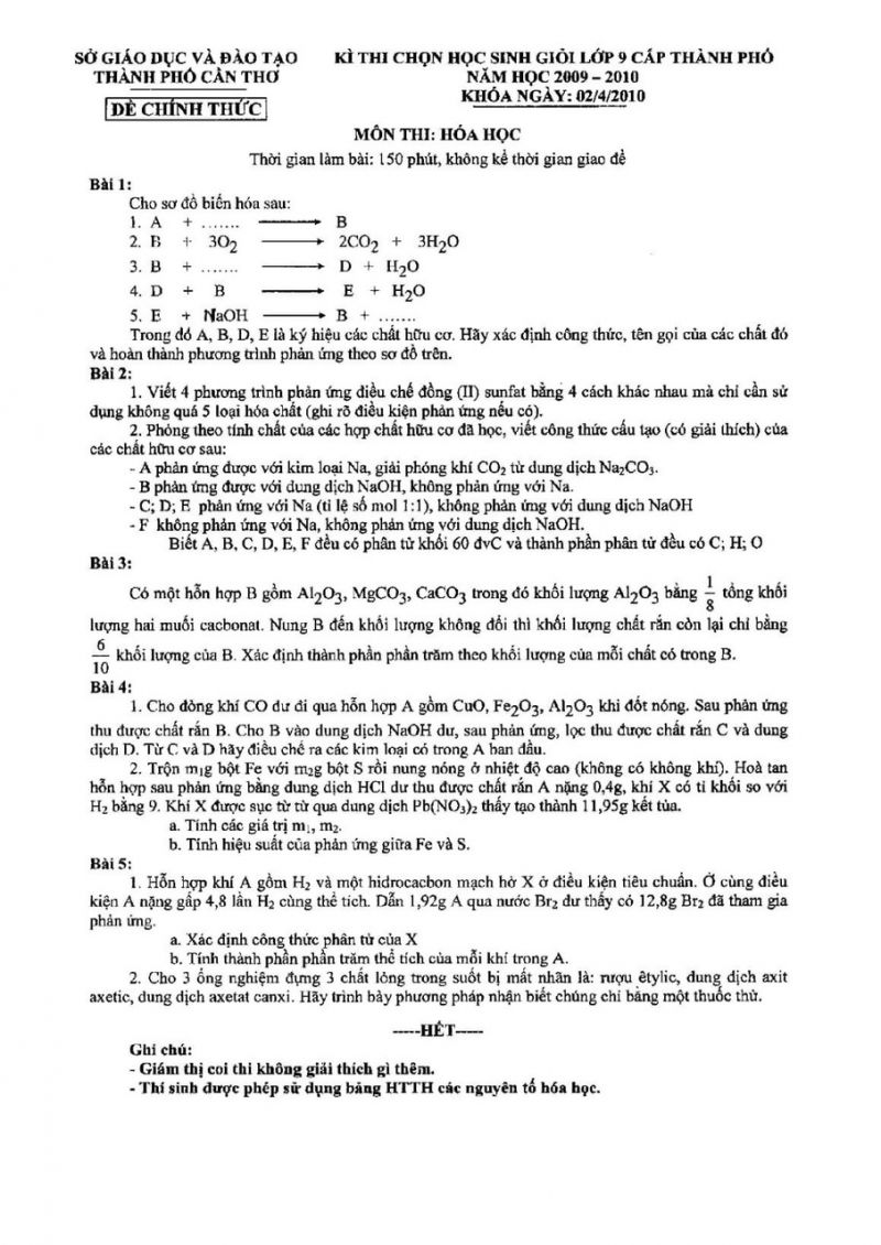 Đề thi chọn HSG m&ocirc;n H&oacute;a Học lớp 9 th&agrave;nh phố Cần Thơ năm 2010