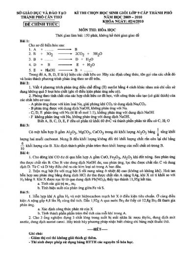 Đề thi chọn HSG môn Hóa Học lớp 9 thành phố Cần Thơ năm 2010