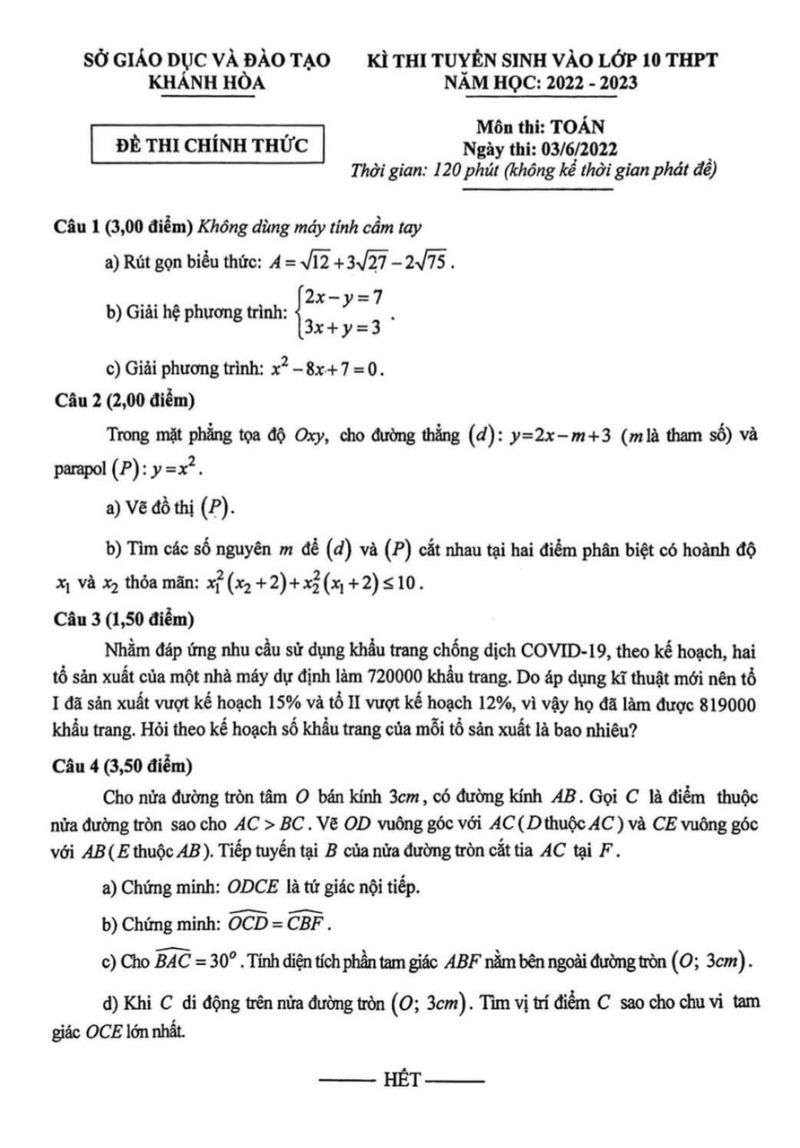 Đề thi tuyển sinh v&agrave;o lớp 10 THPT m&ocirc;n To&aacute;n tỉnh Kh&aacute;nh H&ograve;a năm 2022