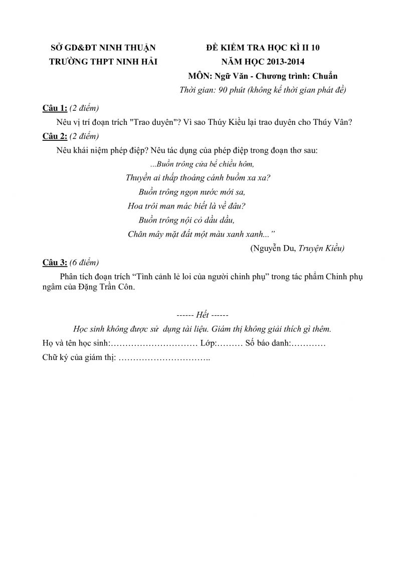 Đề kiểm tra học k&igrave; II m&ocirc;n Ngữ Văn Trường THPT Ninh Hải tỉnh Ninh Thuận năm 2013