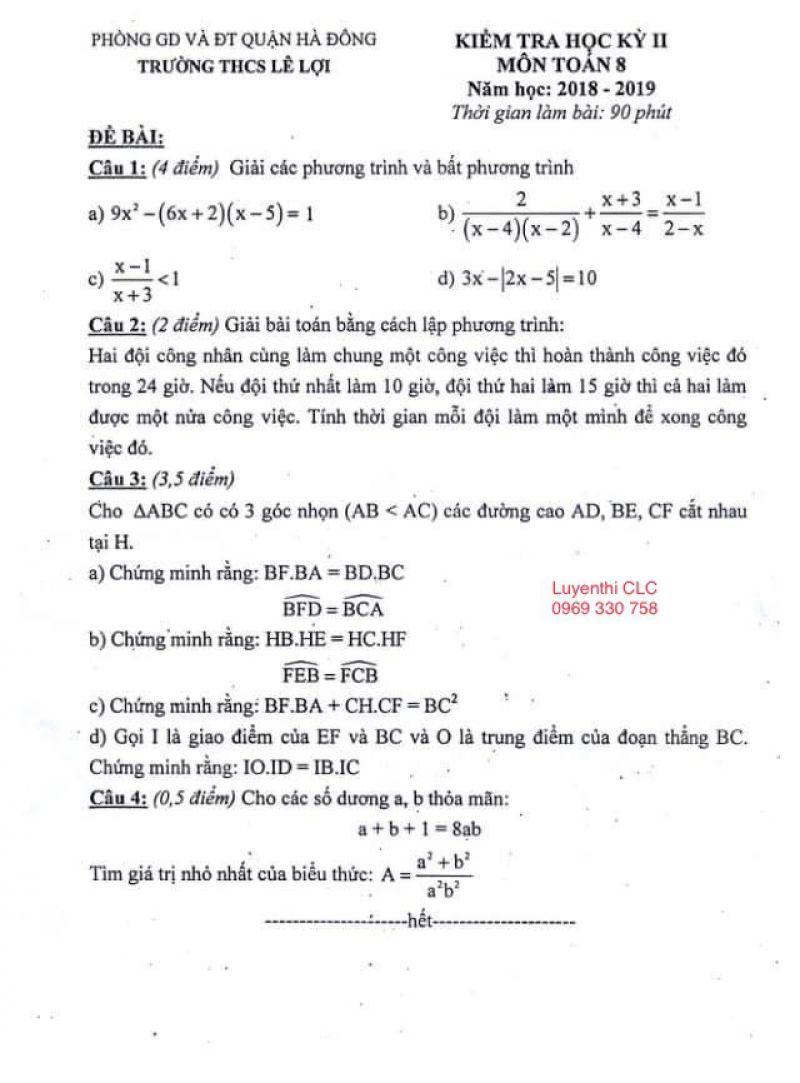 Đề kiểm tra học kì II môn Toán lớp 8 Trường THCS Lê Lợi, quận Hà Đông, Hà Nội năm 2018