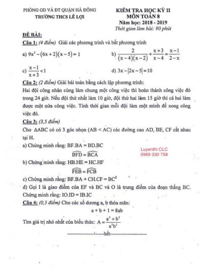 Đề kiểm tra học kì II môn Toán lớp 8 Trường THCS Lê Lợi, quận Hà Đông, Hà Nội năm 2018