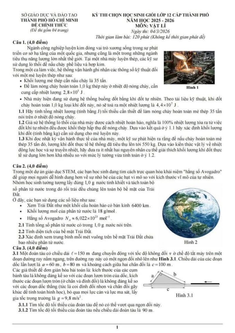 Đề thi ch&iacute;nh thức HSG TP. Hồ Ch&iacute; Minh - m&ocirc;n Vật l&iacute; Lớp 12 năm 2026