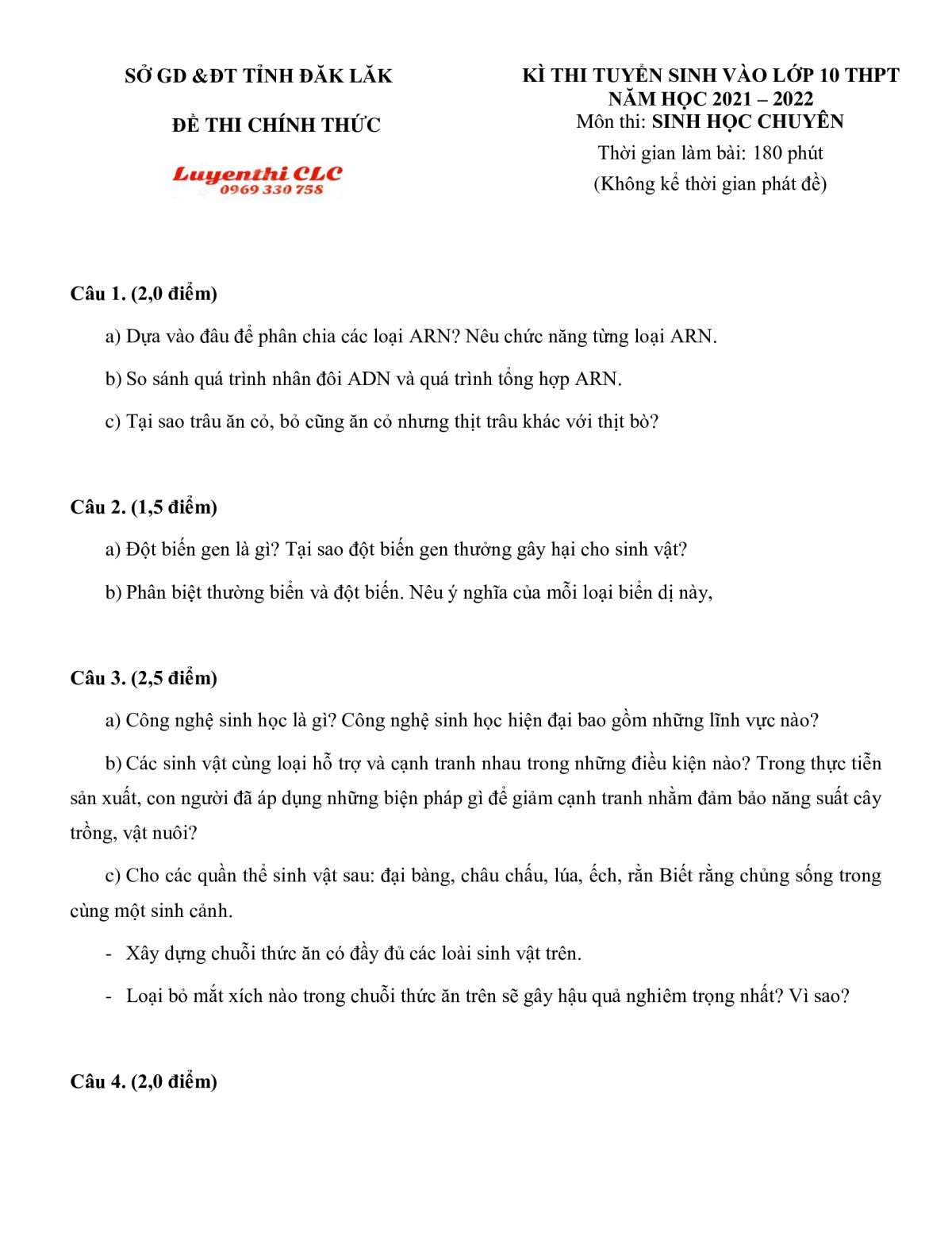 Đề ti tuyển sinh v&agrave;o lớp 10 THPT m&ocirc;n Sinh học Chuy&ecirc;n tỉnh Đắk Lắk năm 2021