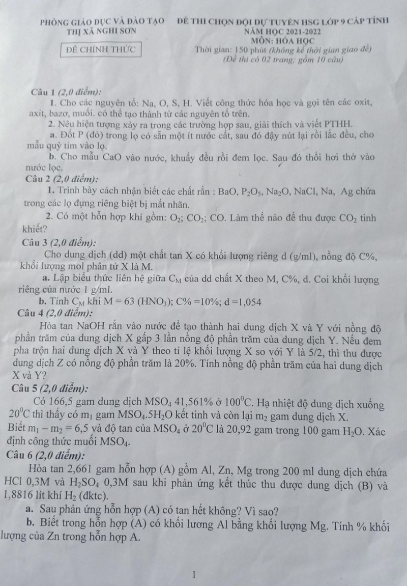 Đề thi chọn HSG môn Hóa Học lớp 9 thị xã Nghi Sơn tỉnh Thanh Hóa năm 2022