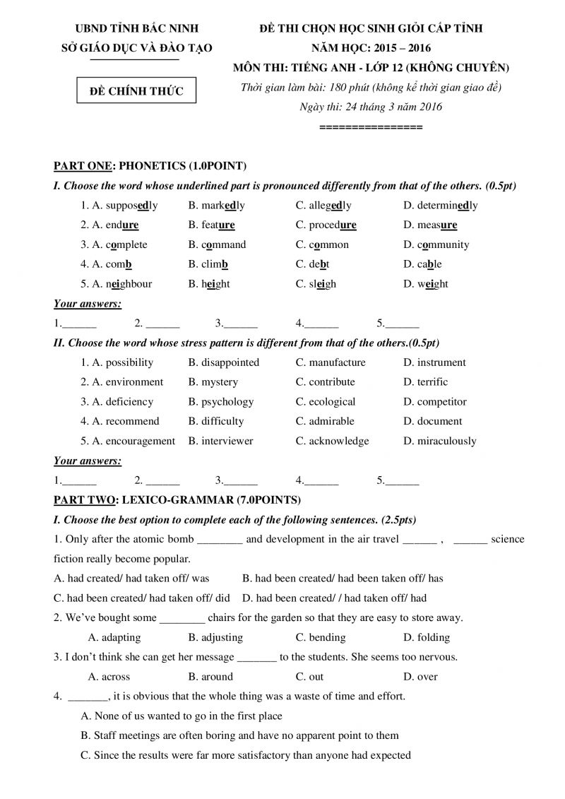 Đề thi chọn HSG môn Tiếng Anh lớp 12 tỉnh Bắc Ninh năm 2016