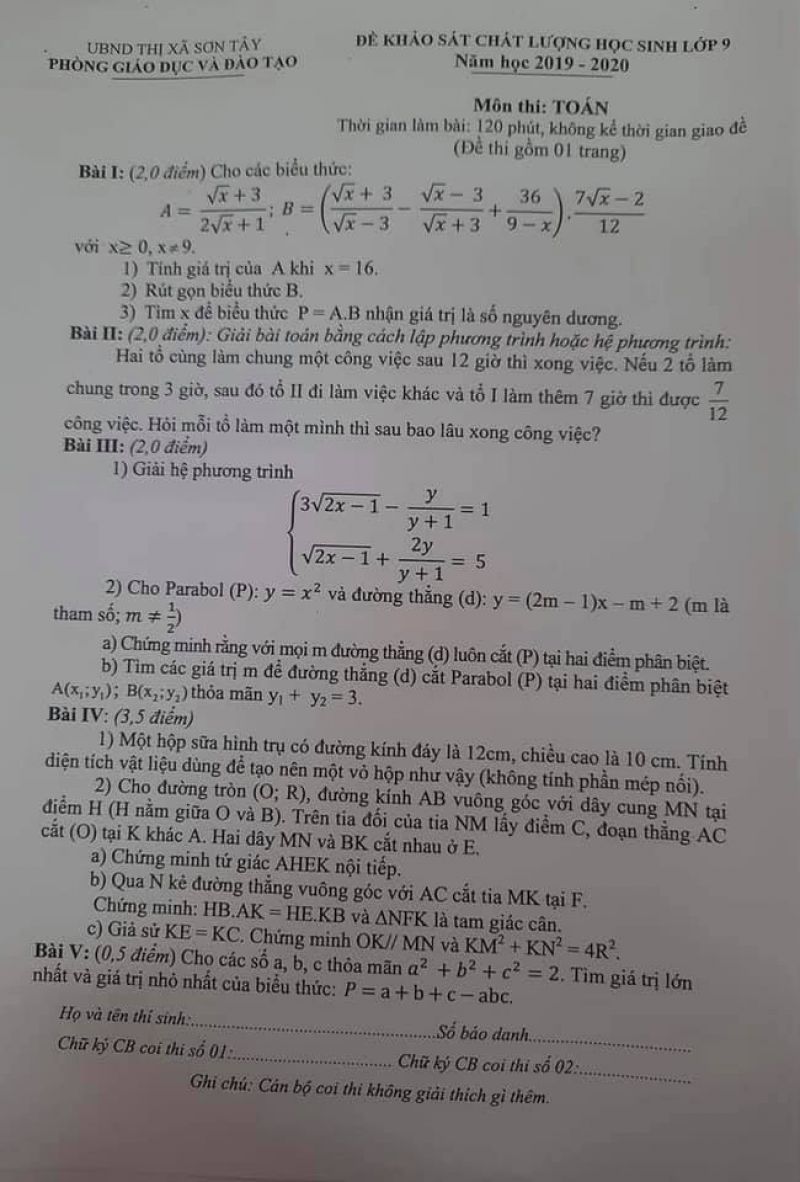 Đề khảo s&aacute;t chất lượng học sinh lớp 9 m&ocirc;n To&aacute;n tại Sơn T&acirc;y năm 2019
