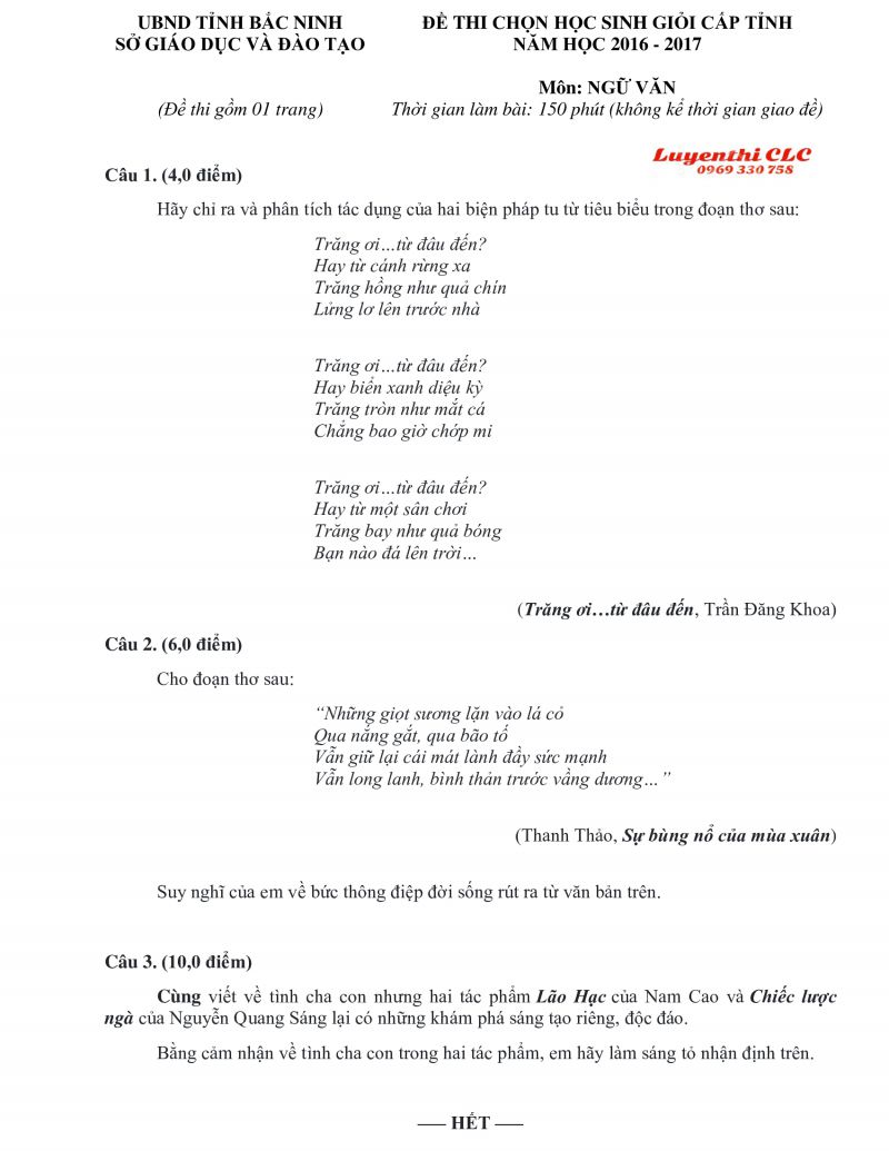 Đề thi chọn HSG cấp tỉnh m&ocirc;n Ngữ Văn lớp 9 THCS tỉnh Bắc Ninh năm 2016
