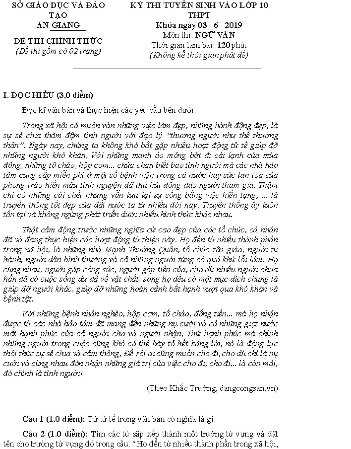 Đề thi tuyển sinh v&agrave;o lớp 10 THPT m&ocirc;n Ngữ Văn năm 2019 An Giang