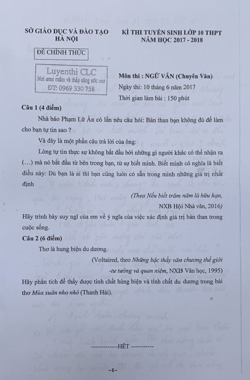 Đề thi tuyển sinh lớp 10 THPT môn Ngữ Văn ( chuyên ) tại Hà Nội năm 2017