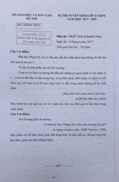 Đề thi tuyển sinh lớp 10 THPT môn Ngữ Văn ( chuyên ) tại Hà Nội năm 2017