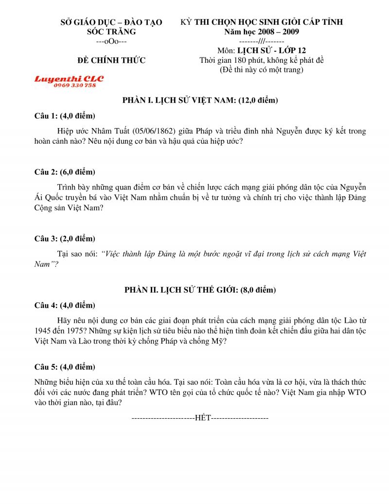 Đề thi chọn HSG môn Lịch Sử lớp 12 tỉnh Sóc Trăng năm 2009