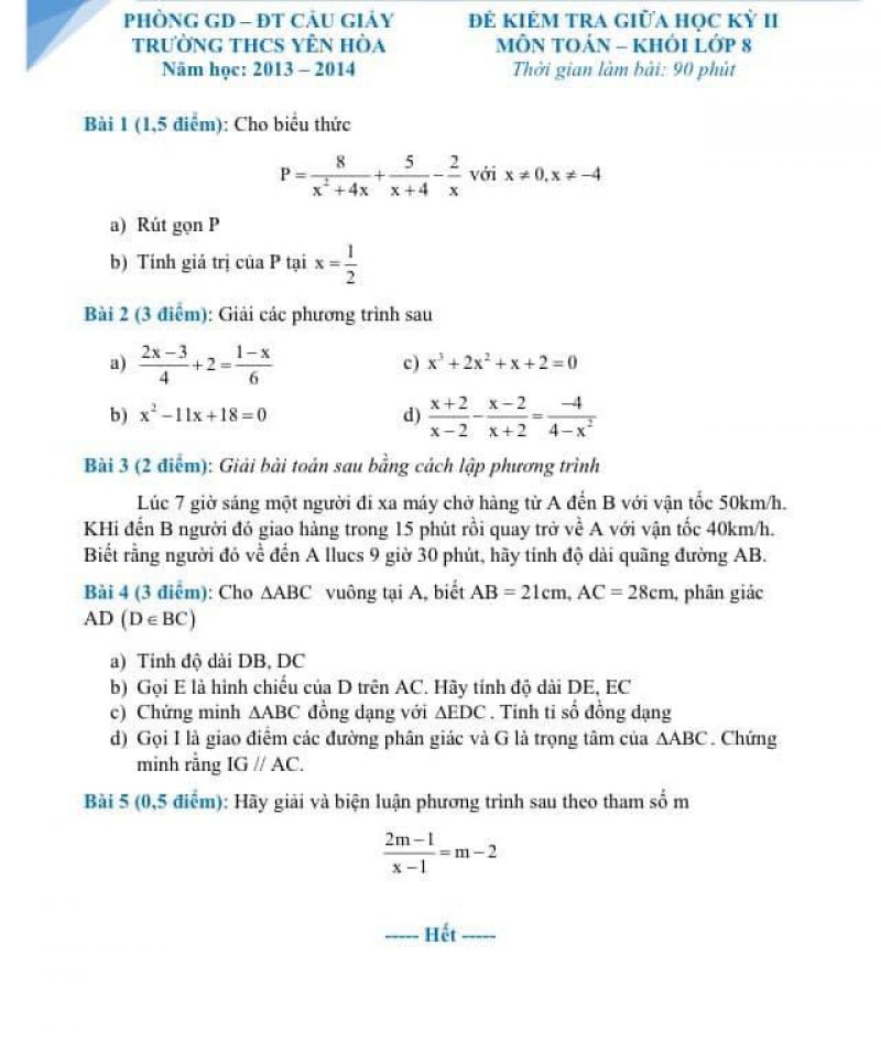 Đề kiểm tra giữa học kì II môn Toán khối 8 Trường THCS Yên Hòa, quận Cầu Giấy, Hà Nội năm 2013
