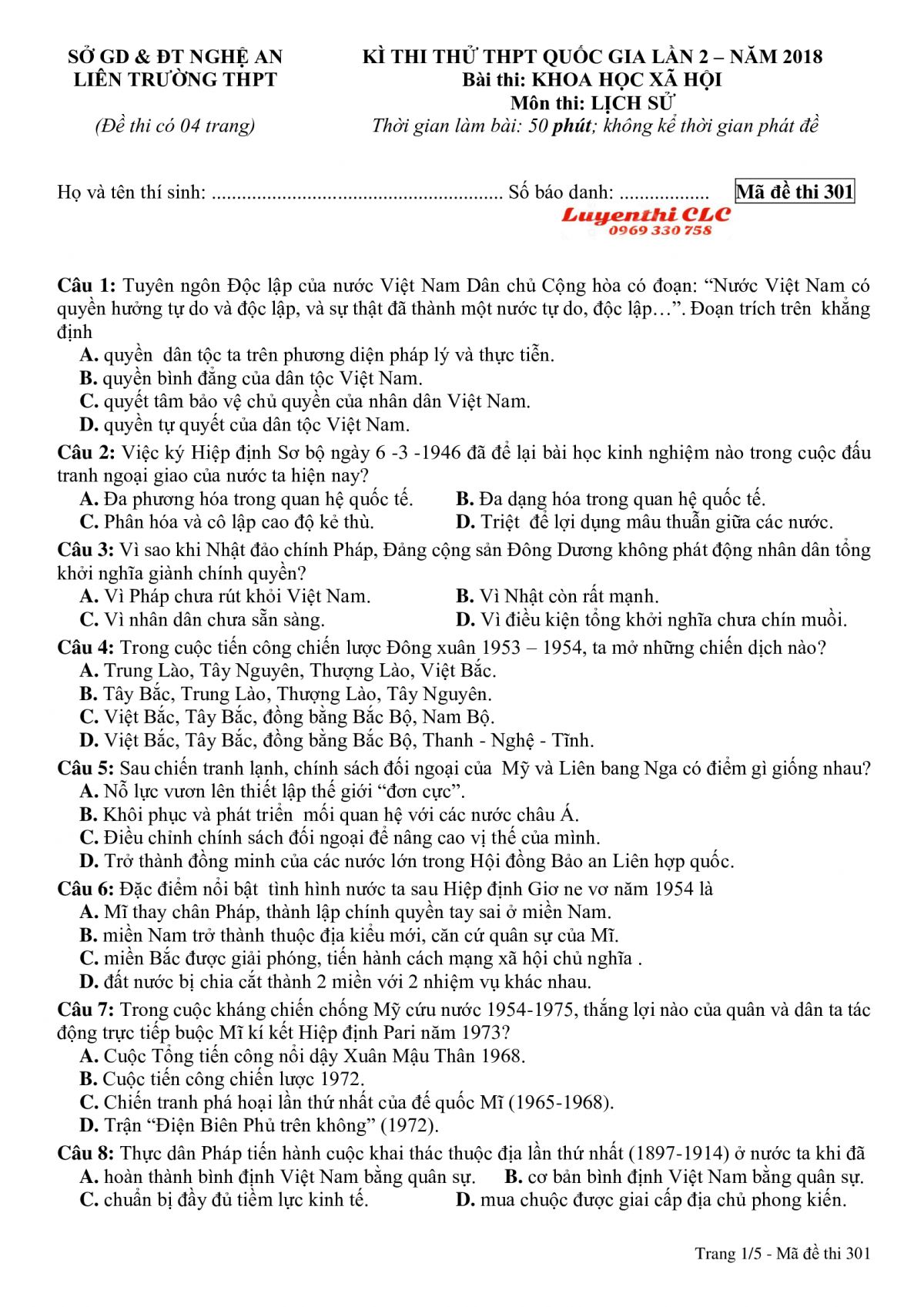 Đề thi thử THPT Quốc Gia lần 2 m&ocirc;n Lịch Sử - m&atilde; đề 301 tỉnh Nghệ An năm 2018