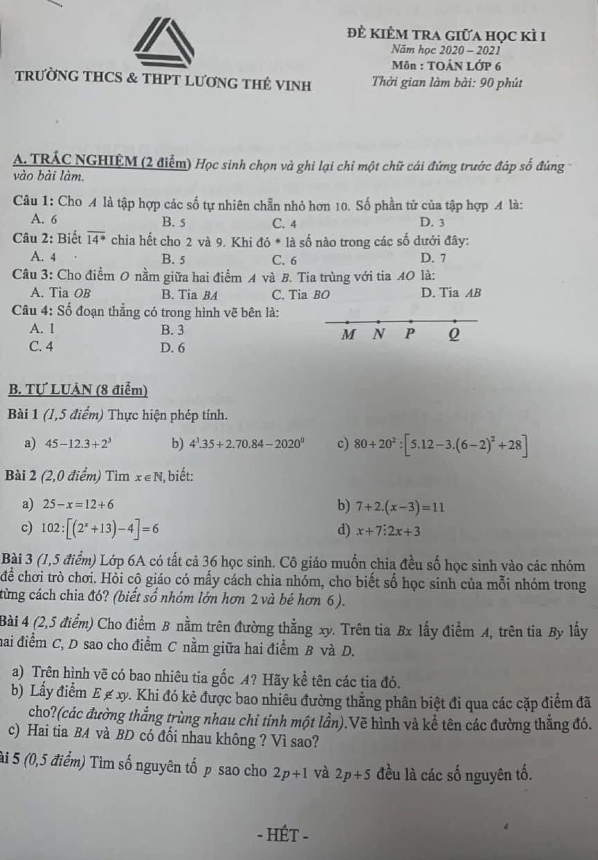Đề kiểm tra giữa học k&igrave; I m&ocirc;n To&aacute;n lớp 6 Trường THCS &amp; THPT Lương Thế Vinh năm 2020