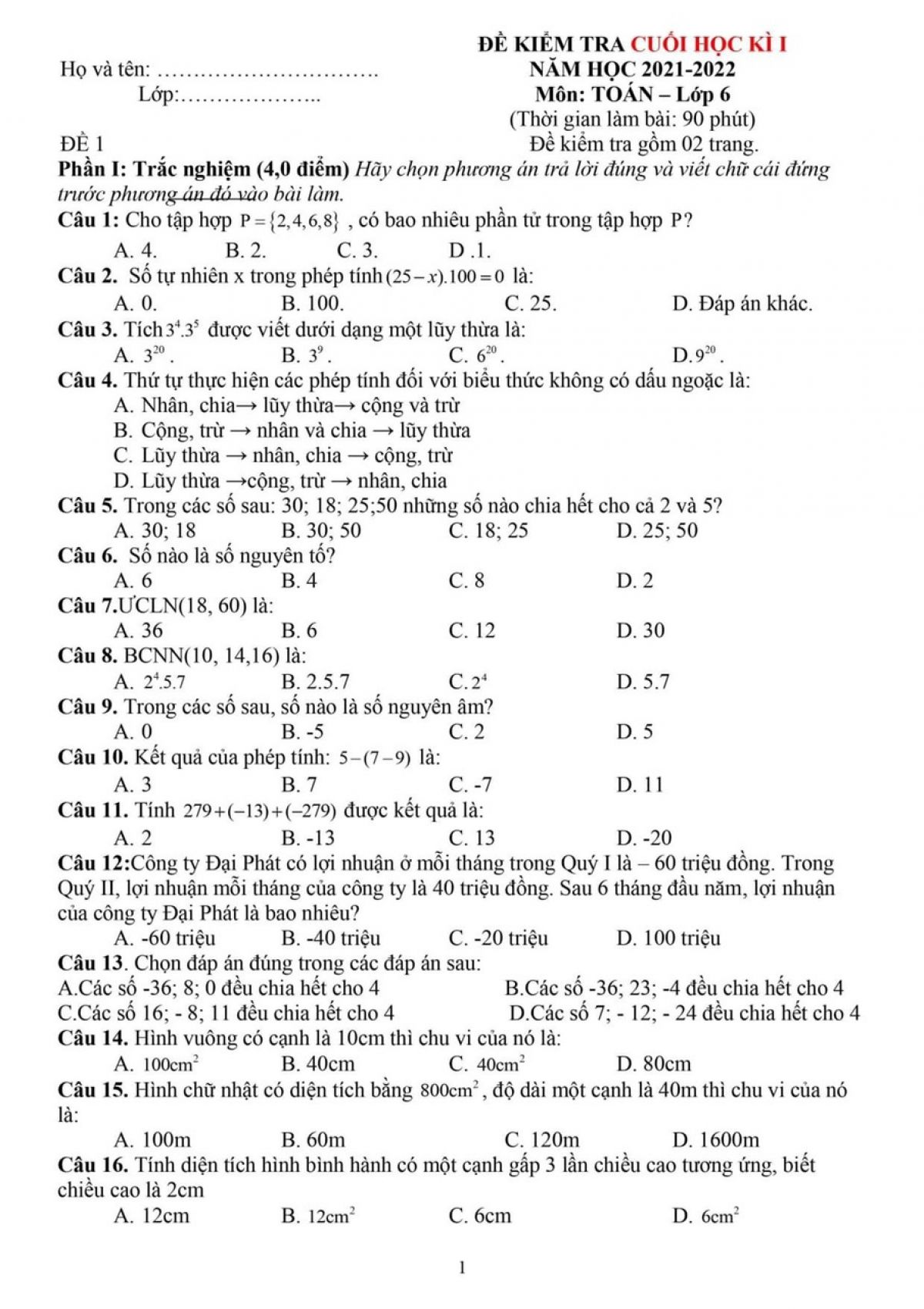 Đề kiểm tra cuối k&igrave; I m&ocirc;n To&aacute;n lớp 6 năm 2022