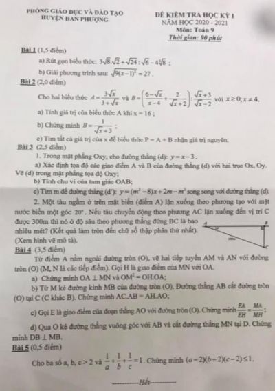 Đề kiểm tra học kì I môn Toán lớp 9 huyện Đan Phượng năm 2020