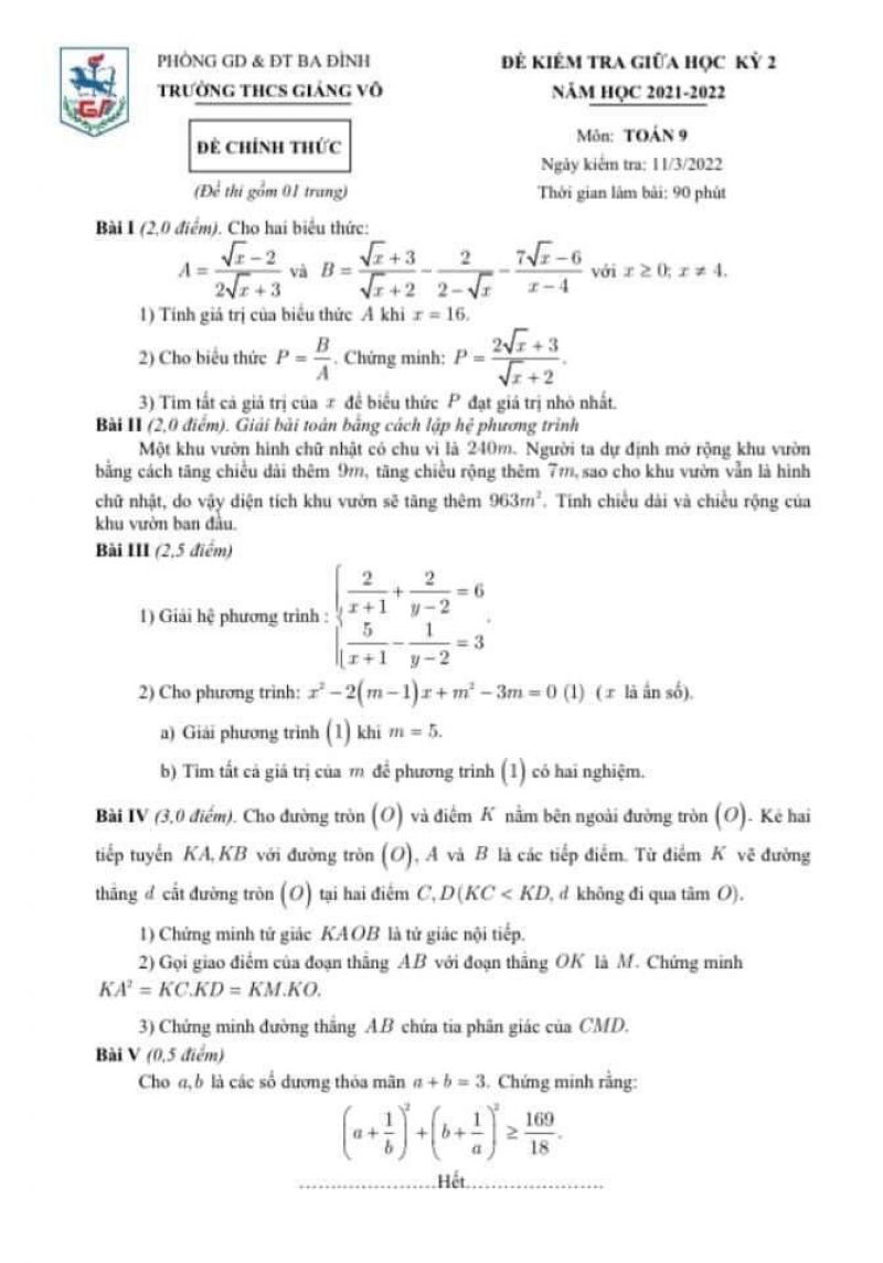 Đề kiểm tra giữa học kỳ II môn Toán lớp 9 Trường THCS Giảng Võ, quận Ba Đình, Hà Nội năm 2022