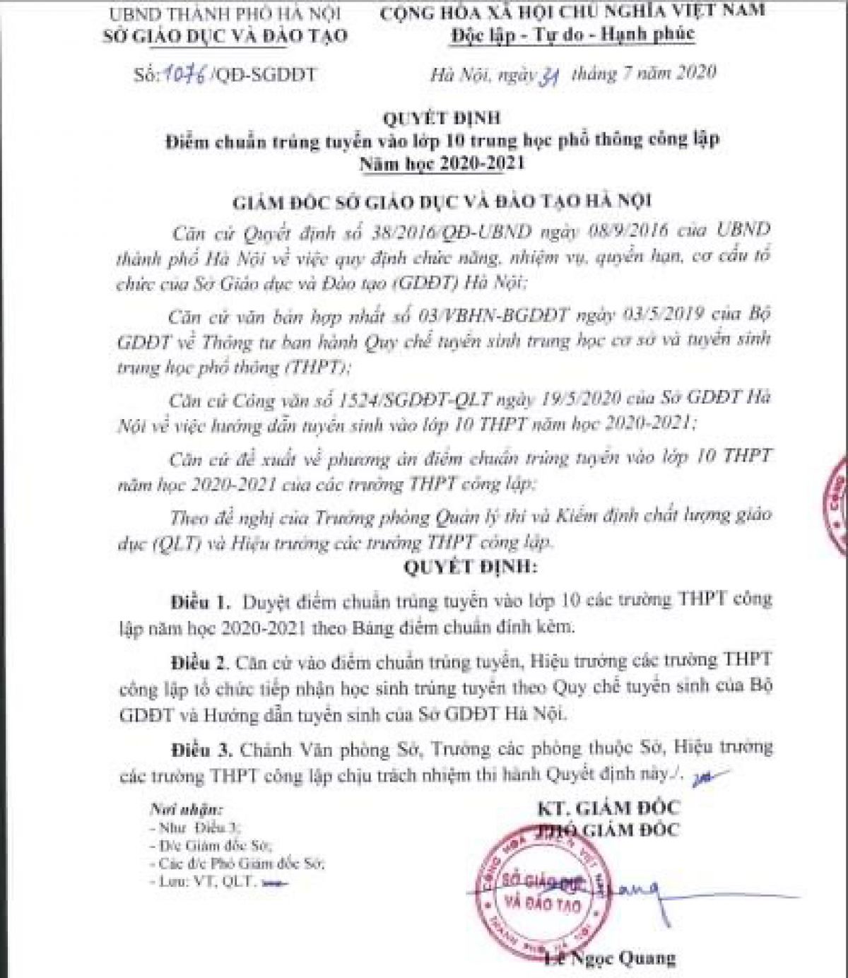 Điểm chuẩn tuyển sinh vào lớp 10 THPT công lập năm 2020- 2021 của sở GD&amp;ĐT Hà Nội