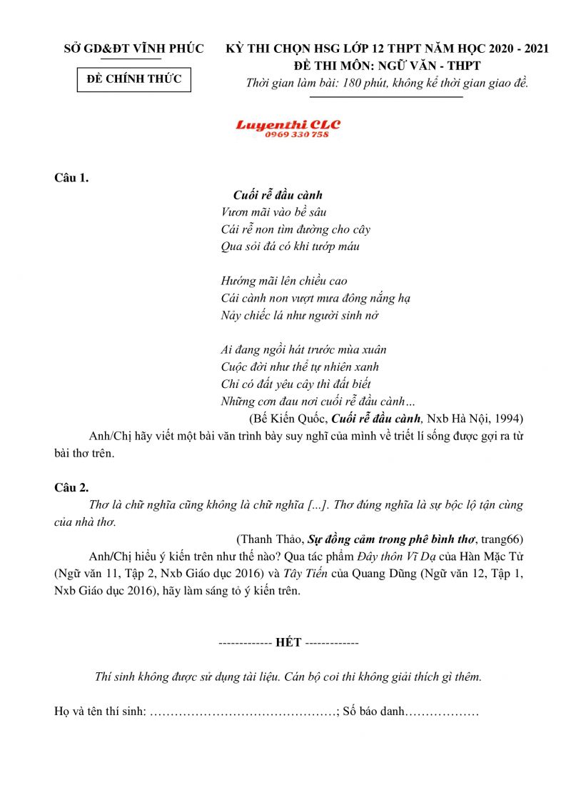 Đề thi chọn HSG môn Ngữ Văn lớp 12 THPT tỉnh Vĩnh Phúc năm 2020