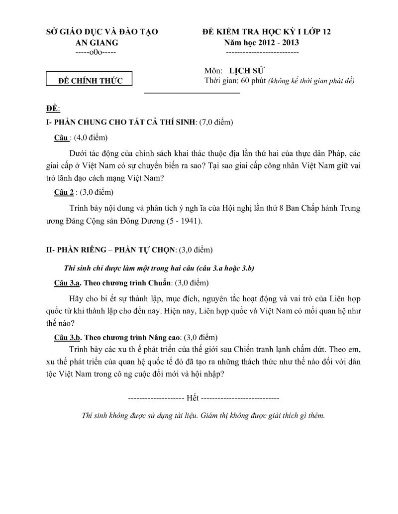 Đề kiểm tra học kì I lớp 12 môn Lịch Sử tỉnh An Giang năm 2012