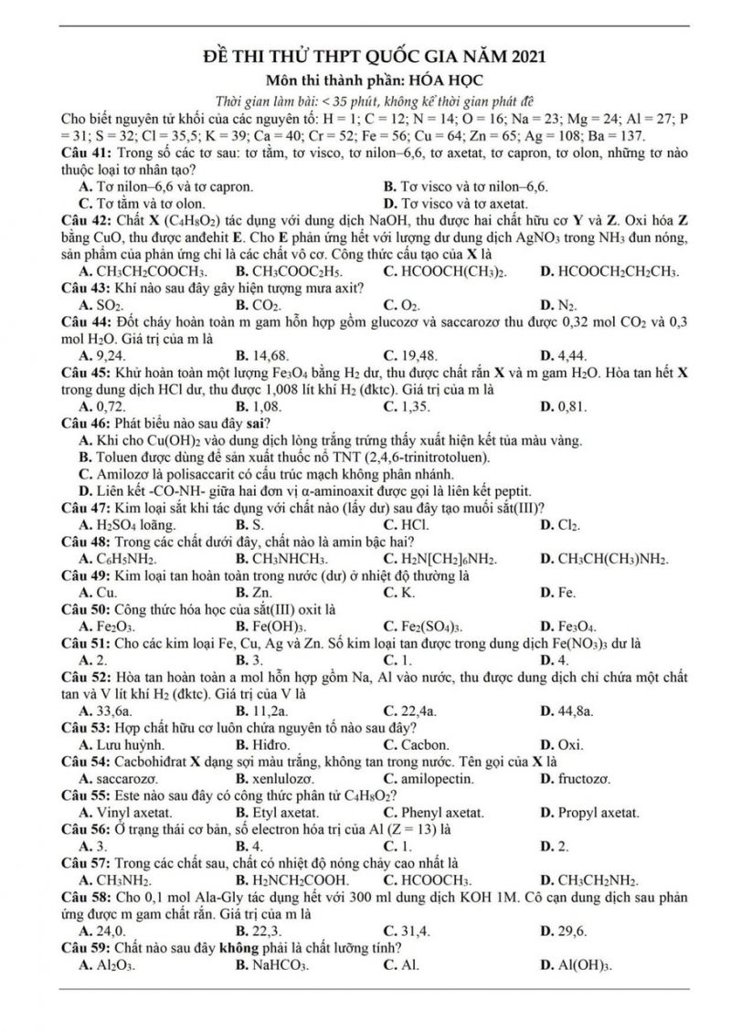 Đề thi thử THPT Quốc Gia môn Hóa Học năm 2021