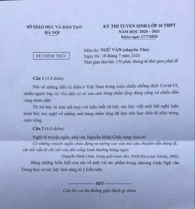 Đề thi tuyển sinh vào lớp 10 THPT CHUYÊN môn Ngữ Văn tại Hà Nội khóa ngày 17/7/2020
