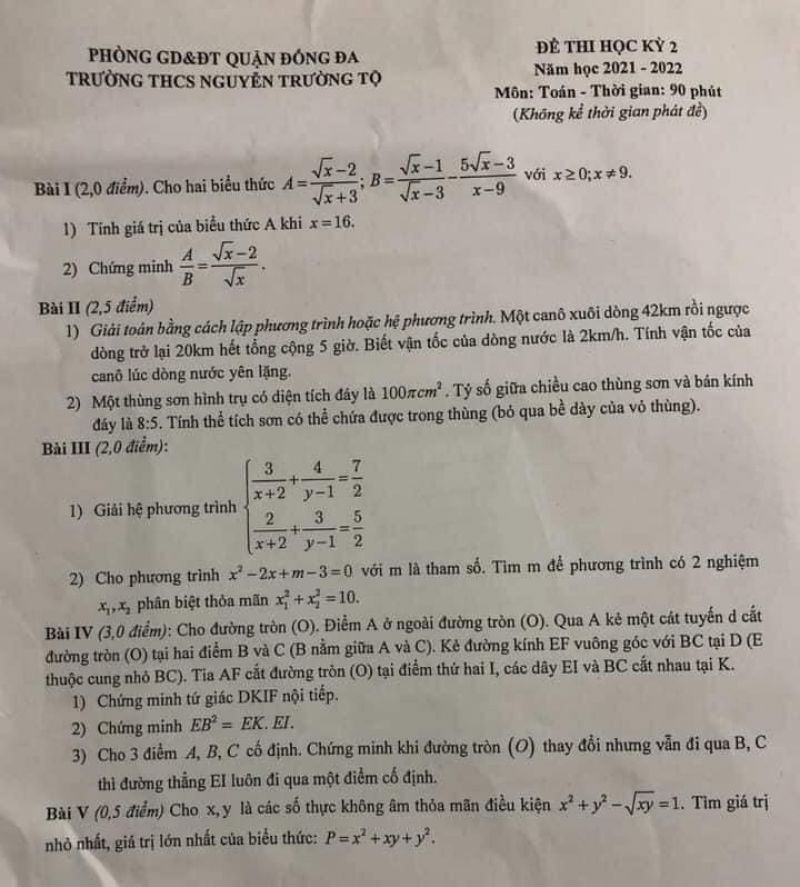 Đề thi học kì 2 môn Toán Trường THCS Nguyễn Trường Tộ, quận Đống Đa, Hà Nội năm 2022