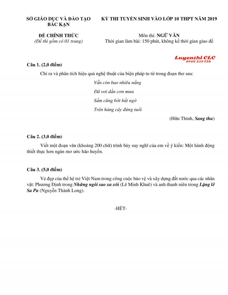 Đề thi tuyển sinh v&agrave;o lớp 10 THPT m&ocirc;n Ngữ Văn tỉnh Bắc Kạn năm 2019