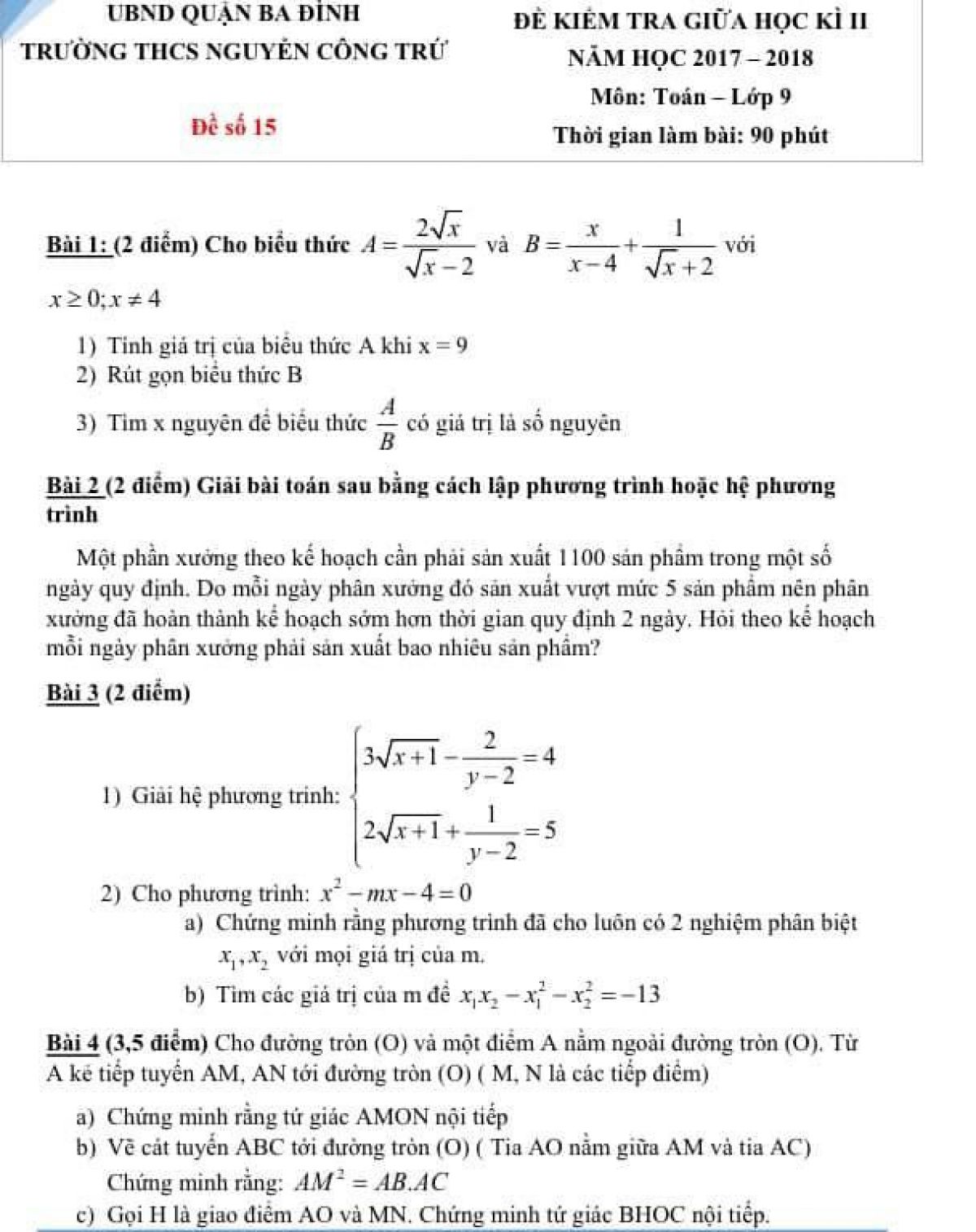 Đề kiểm tra giữa học k&igrave; II m&ocirc;n To&aacute;n lớp 9 Trường THCS Nguyễn C&ocirc;ng Trứ, quận Ba Đ&igrave;nh, H&agrave; Nội năm 2017