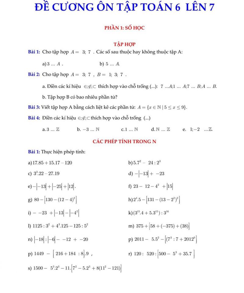 Đề cương ôn tập Toán 6 lên 7