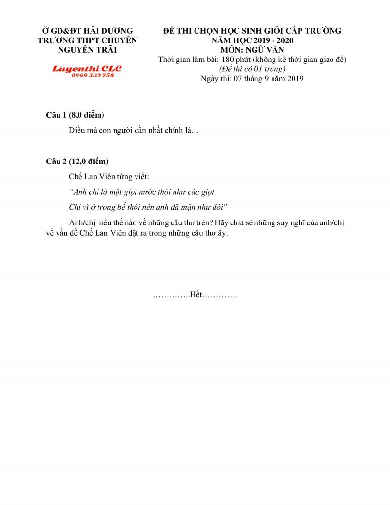 Đề thi chọn HSG m&ocirc;n Ngữ Văn Trường THPT CHUY&Ecirc;N Nguyễn Tr&atilde;i tỉnh Hải Dương năm 2019