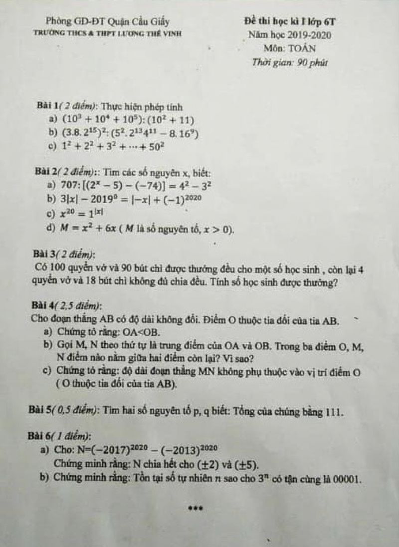 Đề thi học kì I lớp 6T môn Toán Trường THCS &amp; THPT Lương Thế Vinh, quận Cầu Giấy, Hà Nội năm 2019