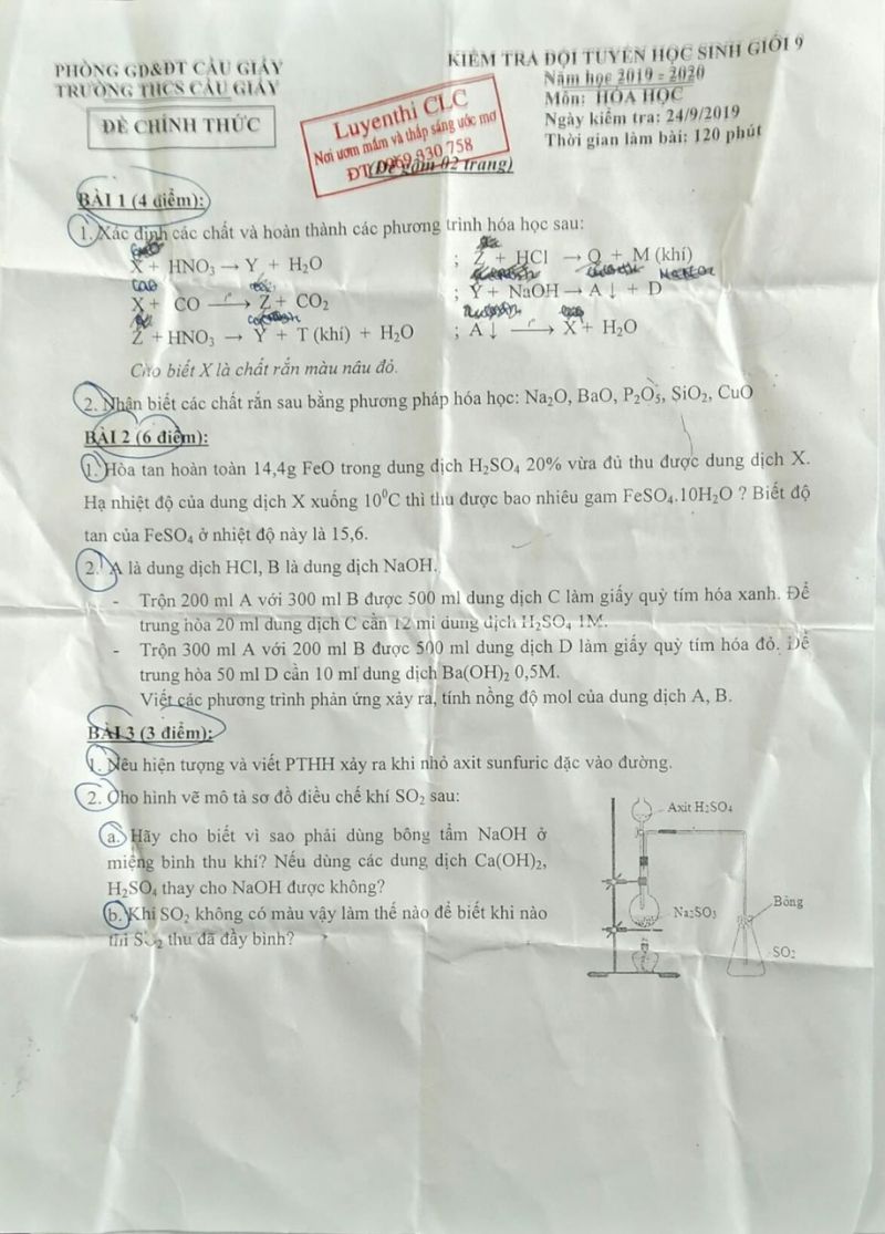 Đề kiểm tra đội tuyển HSG môn Hóa Học 9 Trường THCS Cầu Giấy năm 2019