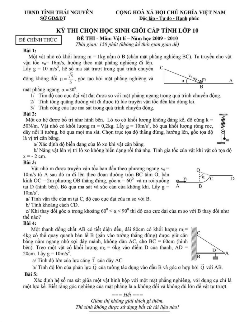 Đề thi chọn HSG và đáp án môn Vật Lí lớp 10 tỉnh Thái Nguyên năm 2010