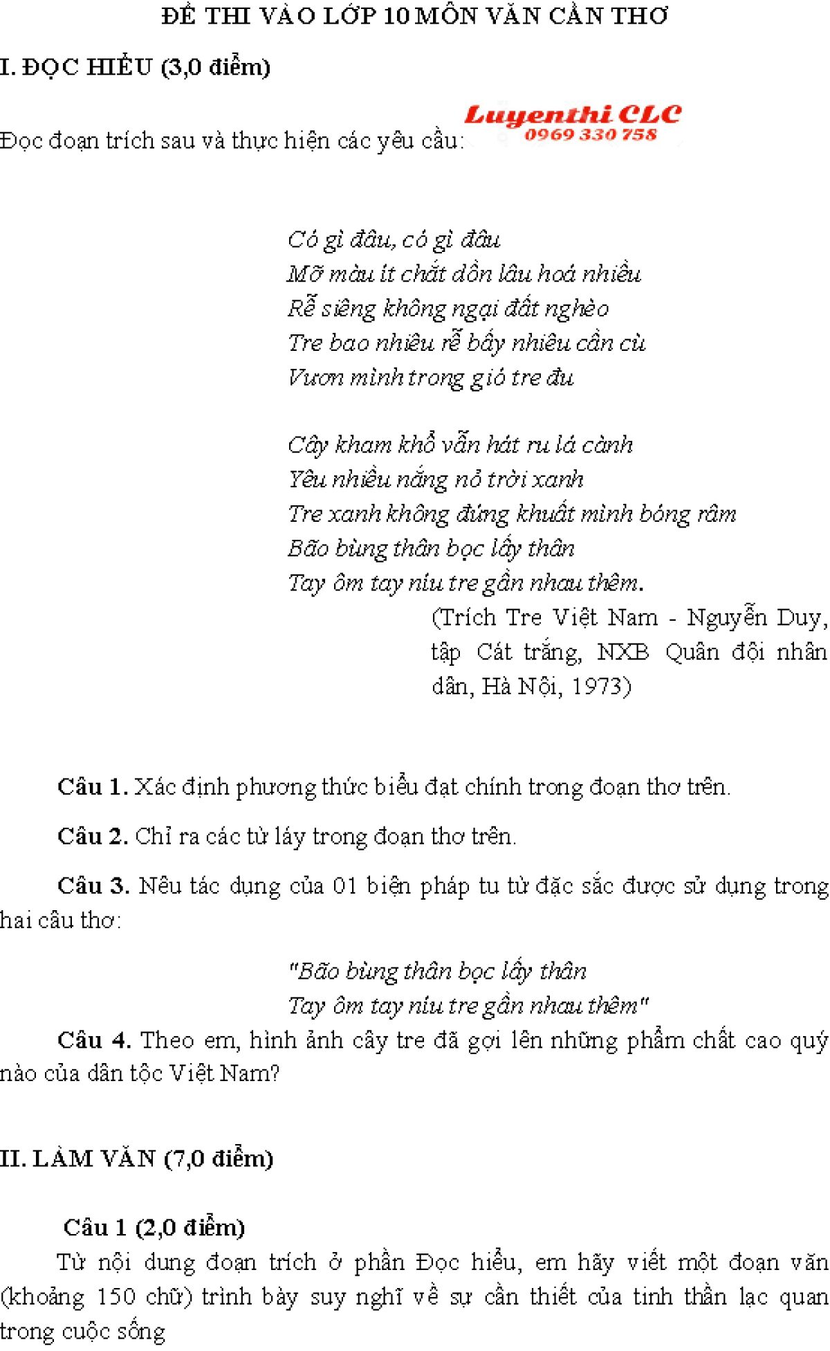 Đề thi tuyển sinh vào lớp 10 môn Ngữ Văn tại Cần Thơ 2019