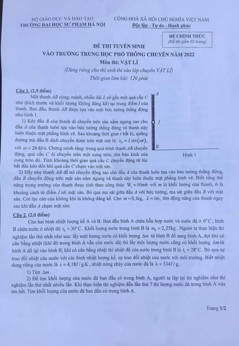 Đề thi tuyển sinh vào lớp 10 môn Vật Lý Trường THPT CHUYÊN Đại học Sư phạm Hà Nội năm 2022
