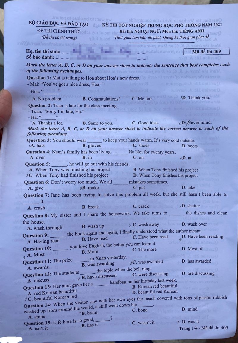 Đề thi tốt nghiệp THPT và đáp án môn Tiếng Anh năm 2021 - Mã đề 409