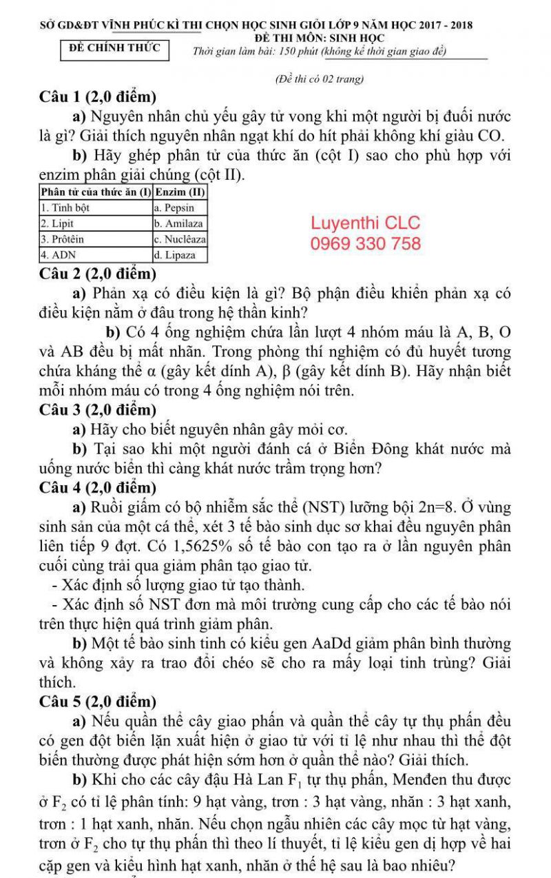 Đề thi môn SINH - HSG lớp 9 tỉnh Vĩnh Phúc năm 2018