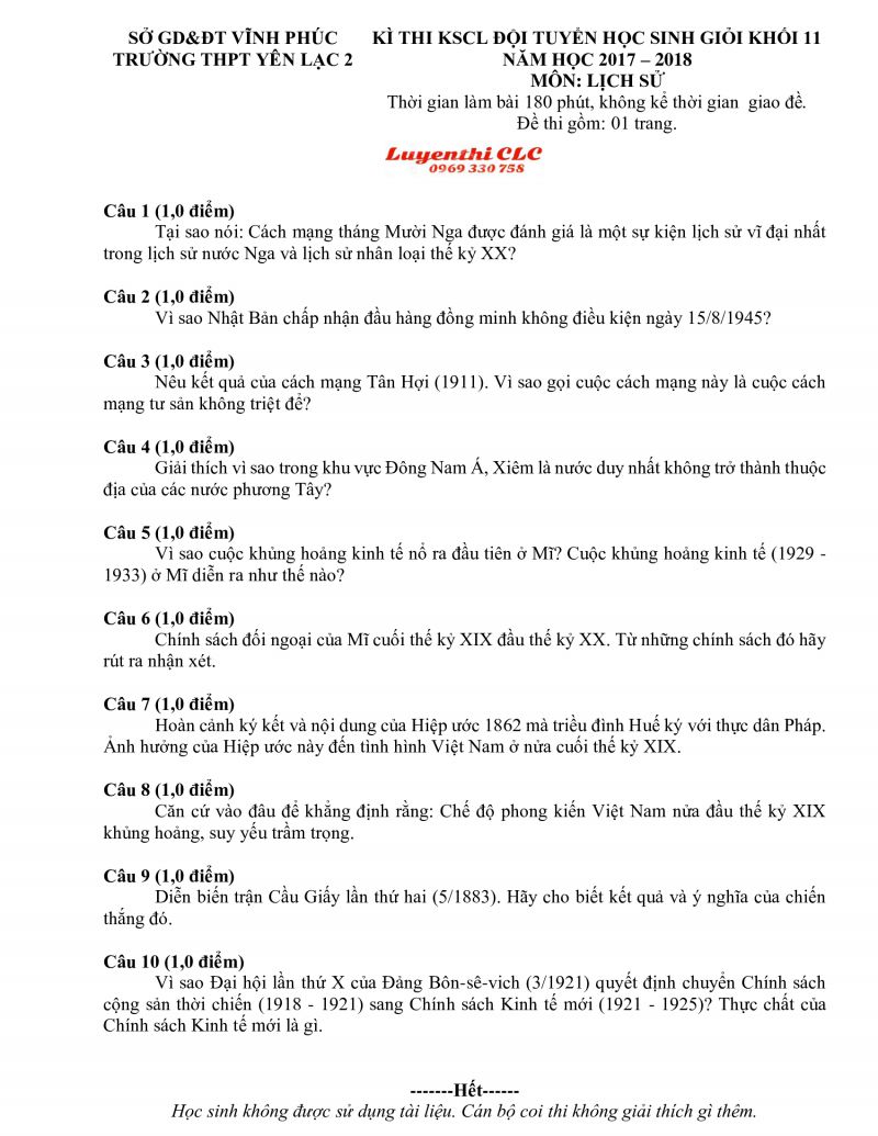 Đề thi KSCL đội tuyển HSG môn Lịch Sử khối 11 Trường THPT Yên Lạc 2 tỉnh Vĩnh Phúc năm 2017