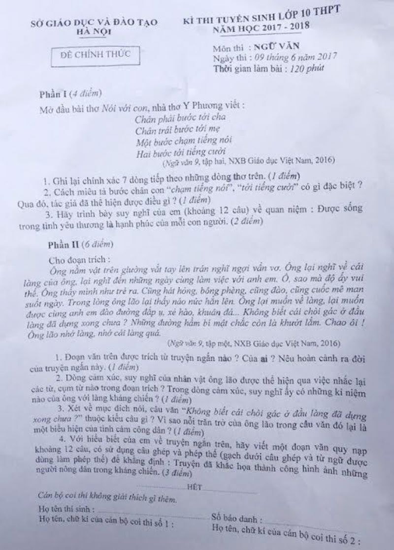 Đề thi tuyển sinh vào lớp 10 THPT môn Ngữ Văn Hà Nội 2017