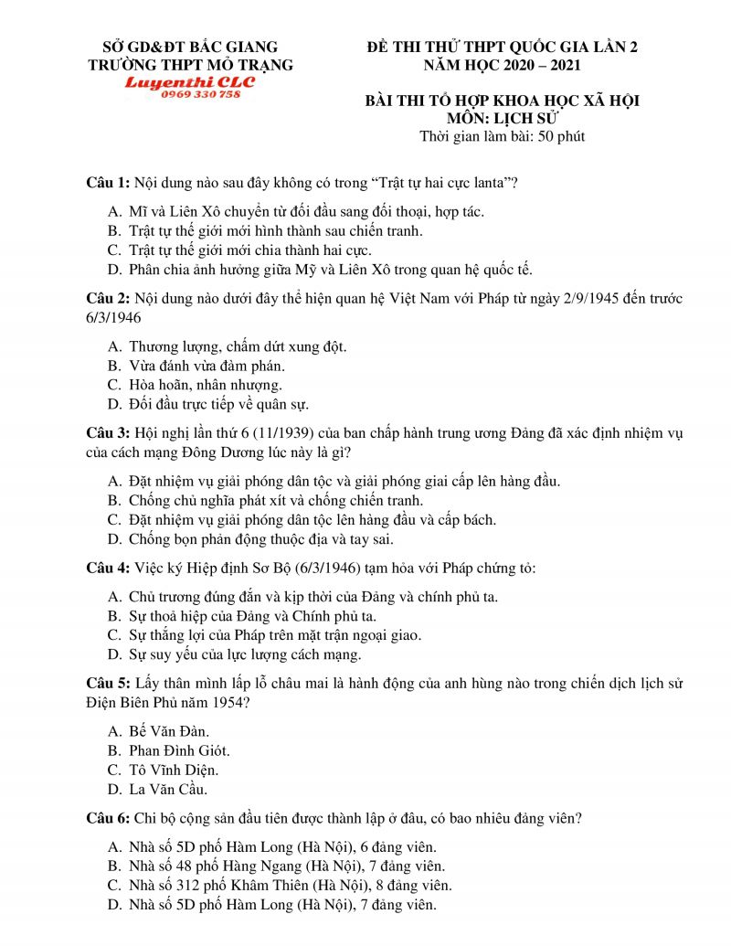 Đề thi thử THPT Quốc Gia lần 2 môn Lịch Sử Trường THPT Mỏ Trạng tỉnh Bắc Giang năm 2020