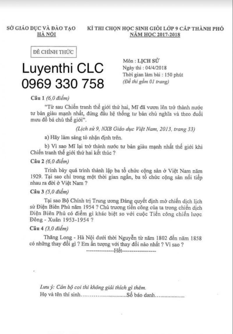 Đề thi chọn HSG lớp 9 cấp th&agrave;nh phố m&ocirc;n Lịch Sử tại H&agrave; Nội năm 2018