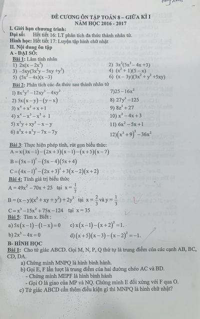 Đề cương ôn tập giữa học kì I môn Toán lớp 8 năm 2016