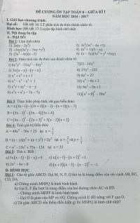 Đề cương ôn tập giữa học kì I môn Toán lớp 8 năm 2016