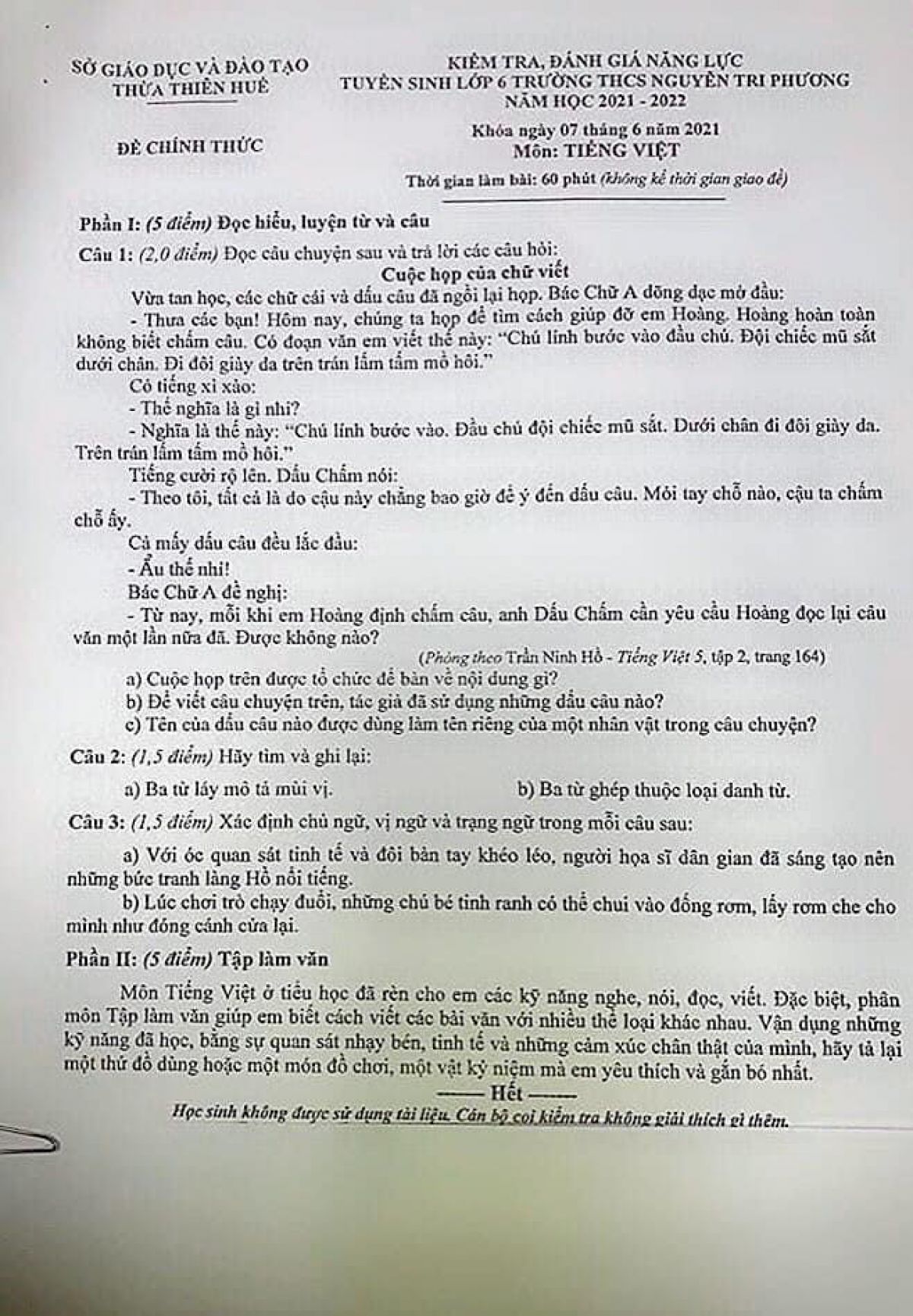 Đề kiểm tra đ&aacute;nh gi&aacute; năng lực tuyển sinh lớp 6 m&ocirc;n Tiếng Việt Trường THCS Nguyễn Tri Phương, tỉnh Thừa Thi&ecirc;n Huế năm 2021