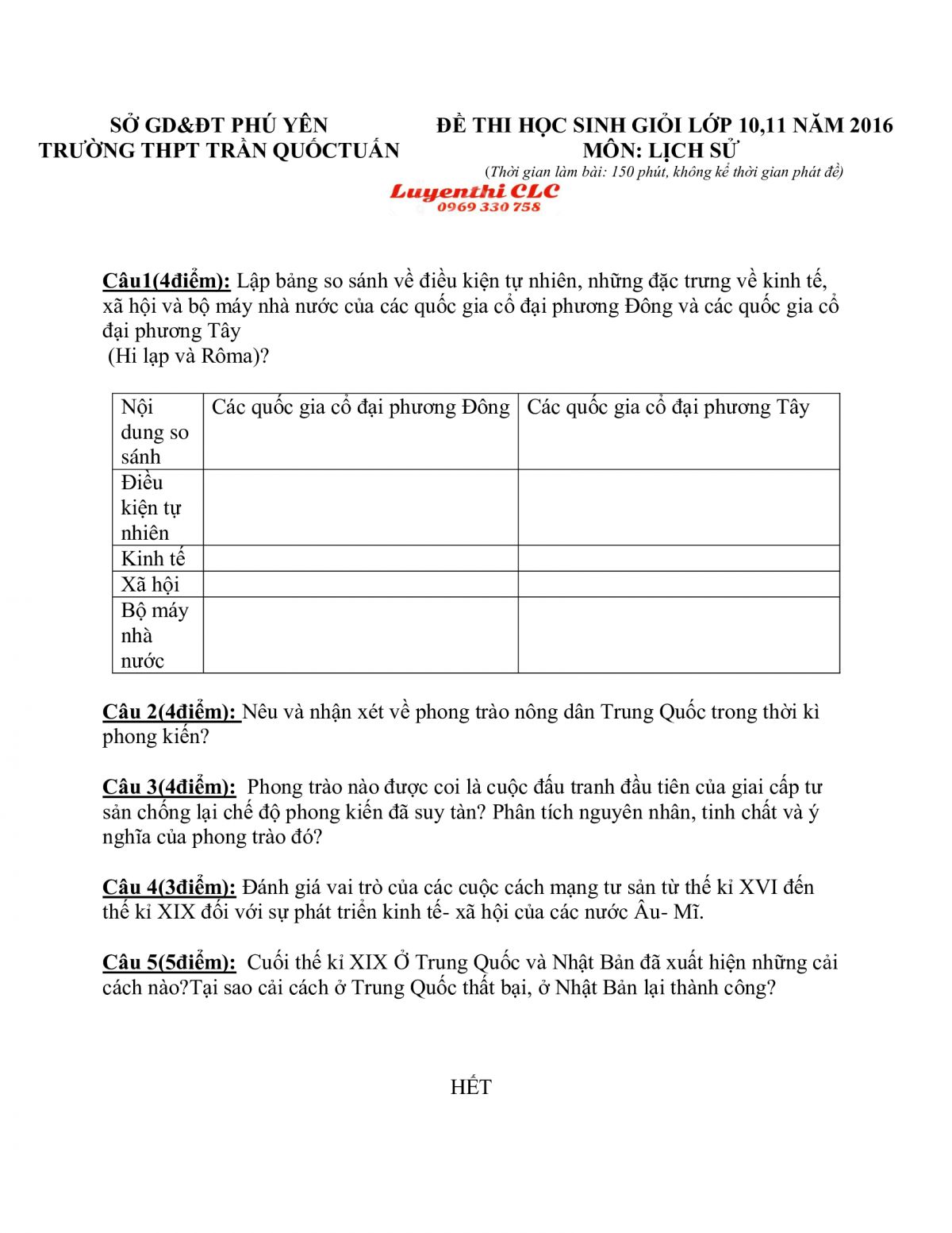 Đề thi HSG m&ocirc;n Lịch Sử Trường THPT Trần Quốc Tuấn tỉnh Ph&uacute; Y&ecirc;n năm 2016